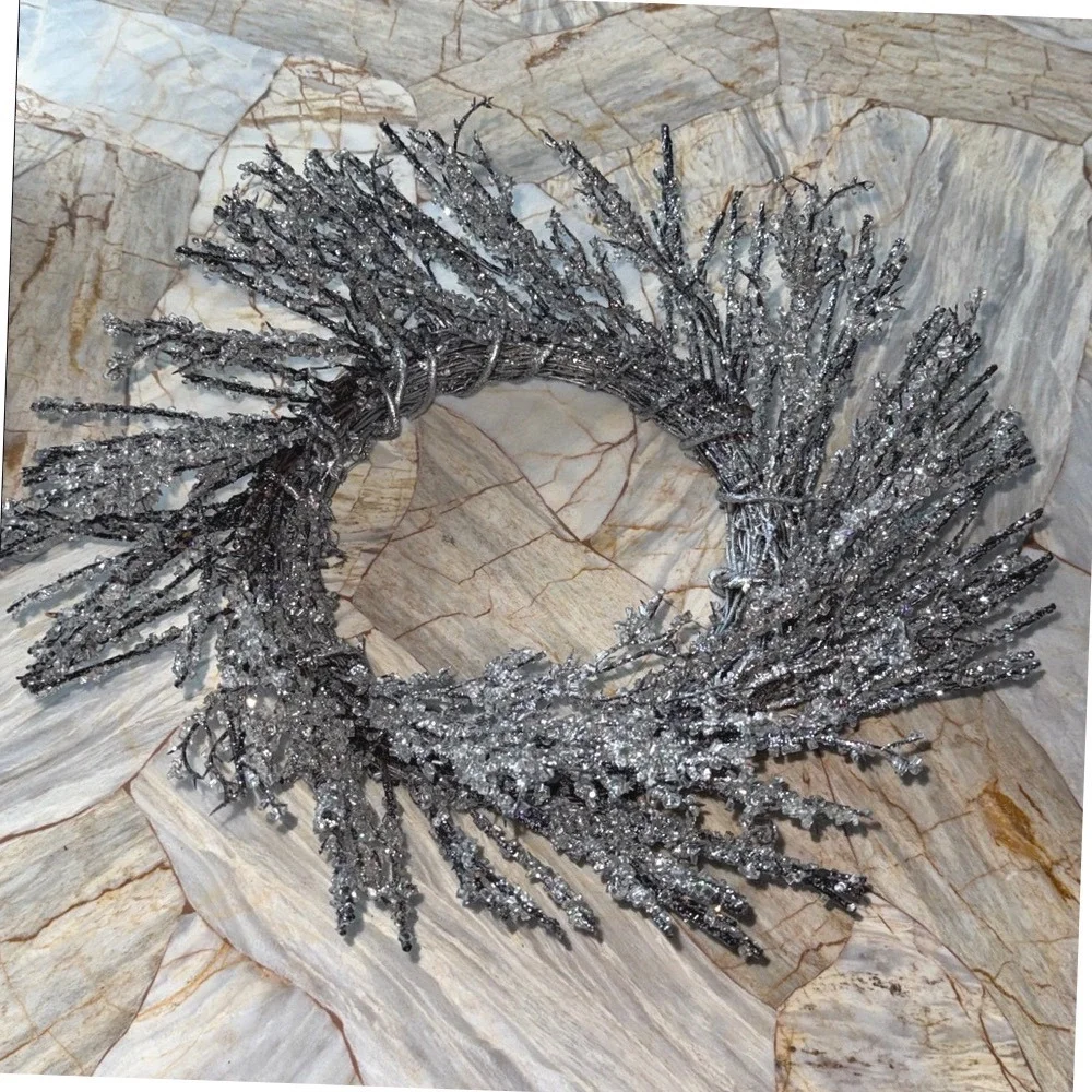 Frosted‎ Silver Glitter Icy Twig Wreath Winter Holiday Christmas Home Decor 20in